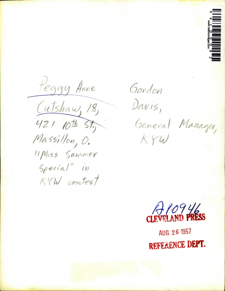 1957 Press Photo Peggy Anne Cutshaw Beauty Queen Miss Summer Special KYW Radio