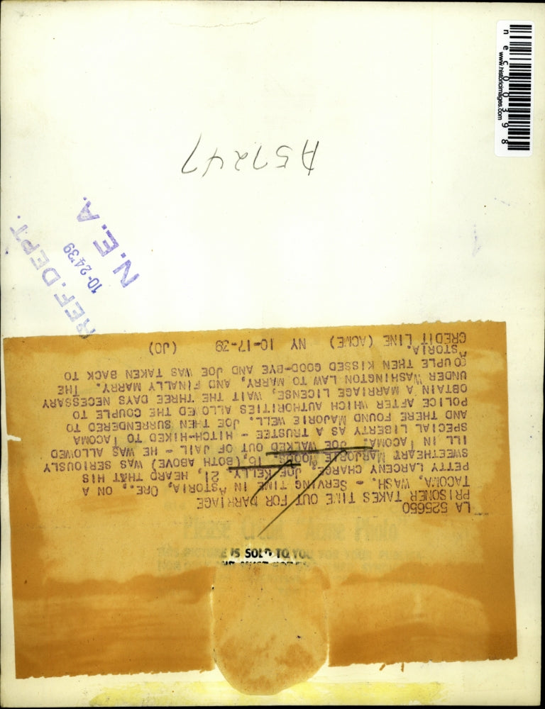 1938 Press Photo Prisoner Joe Kelly escapes to Wed ailing girlfriend Marj Woods