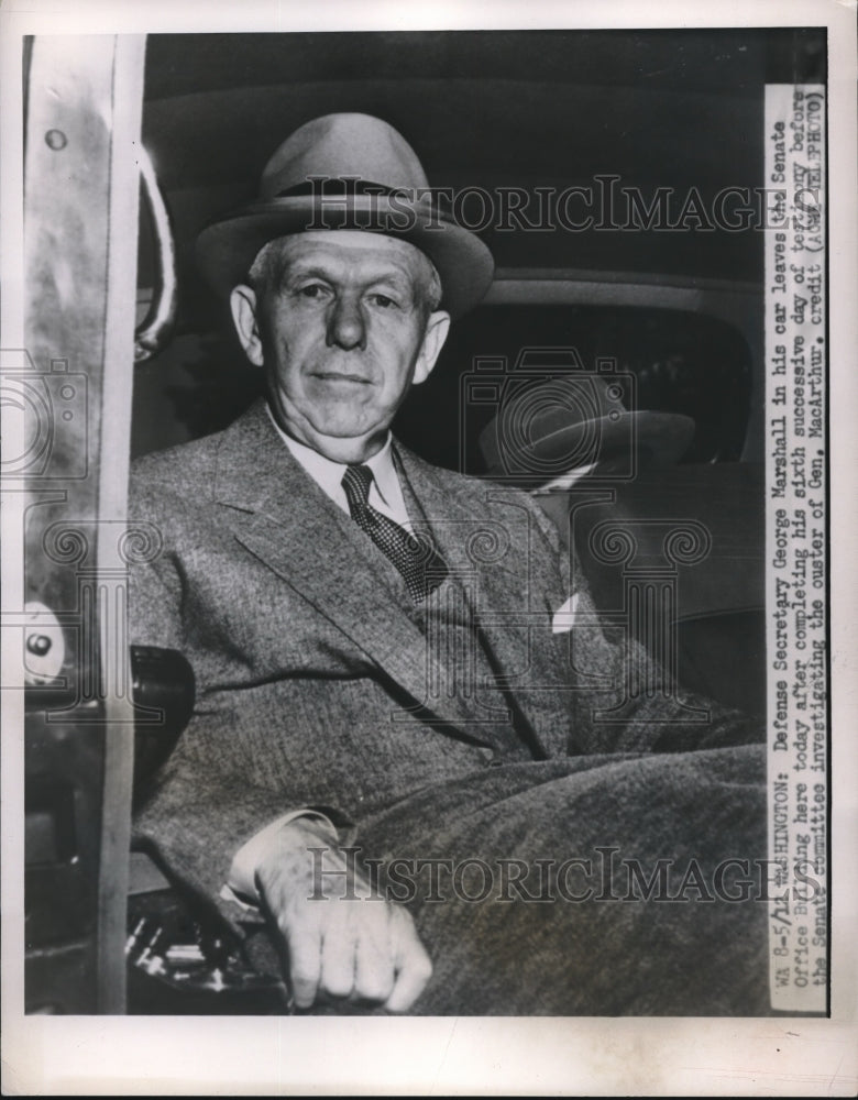 1951 Press Photo Defense Secretary George Marshall Leaves Senate Office Building- Historic Images