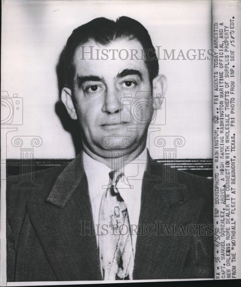 1952 Press Photo Captain Manuel Gonzalez Aritime Official Arrested by FBI