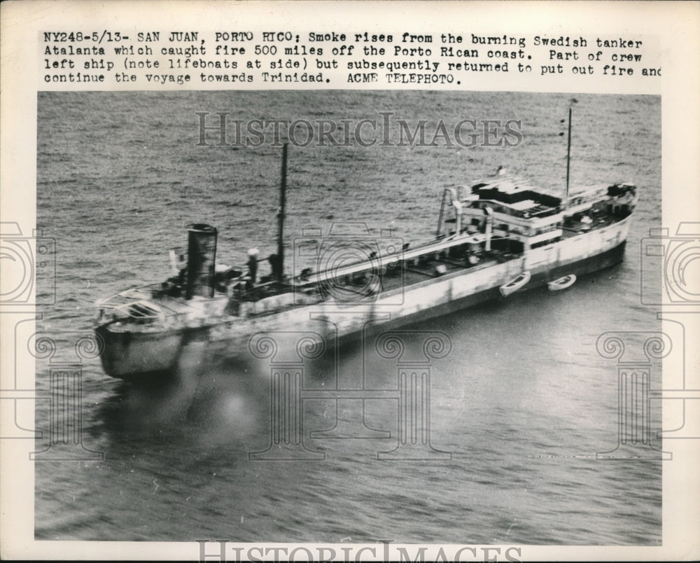 1949 Press Photo Burning Swedish Tanker Near San Juan Puerto Rico- Historic Images