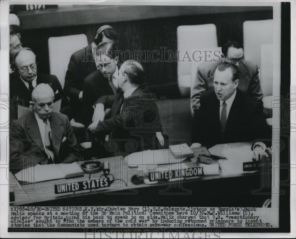 1953 Press Photo Dr. Charles Mayo Listens as Russia&#39;s Jacob Malik Speaks at UN- Historic Images