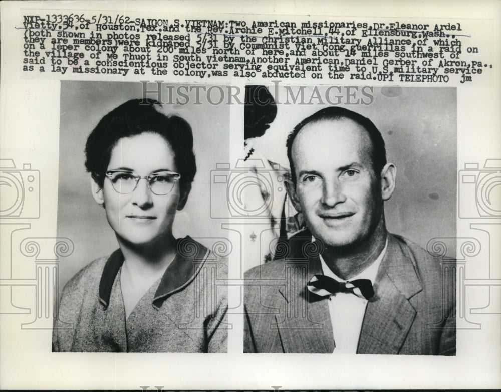 1962 Press Photo Missionaries, Dr. Eleanor Ardel Vietty, Rev. Archie E. Mitchell- Historic Images