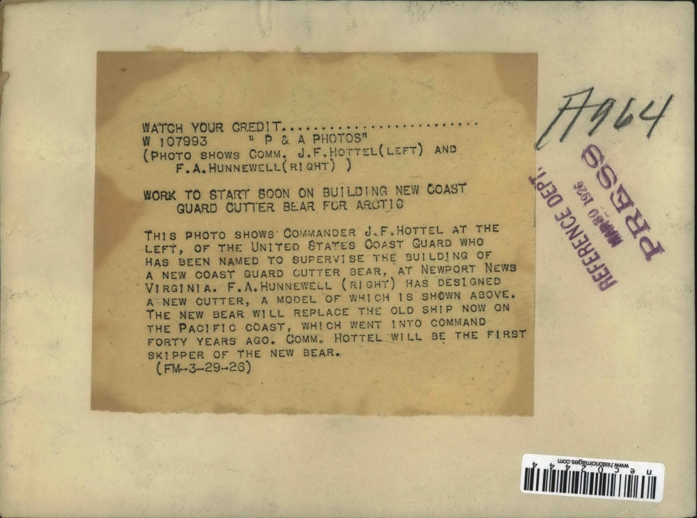 1926 Press Photo J. F. Hottel and F. A. Hunnewell Showcase New Guard Cutter Bear