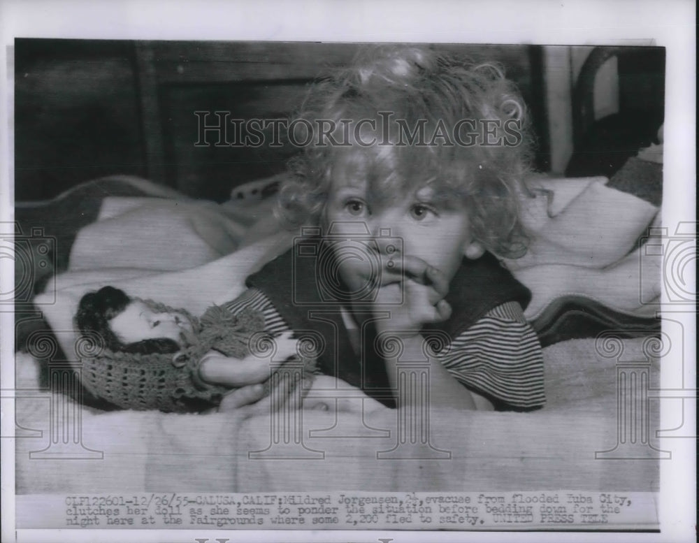 1955 Press Photo Mildred Jorgensen Evacuee From Flooded City Clutches Her Doll - Historic Images