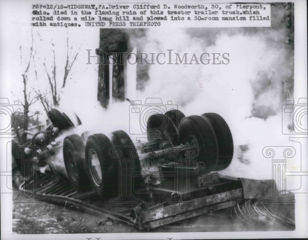1956 Press Photo Flaming Tractor Trailer Accident Kills Driver Plowed Into House- Historic Images