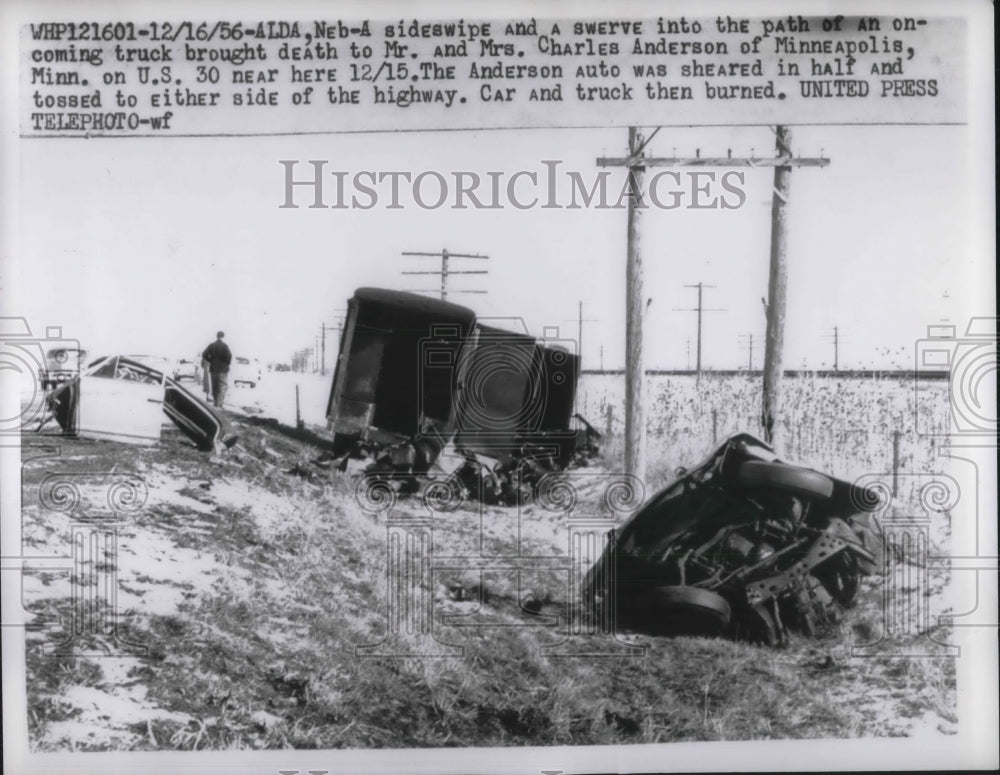 1956 Press Photo Car &amp; Truck Collide Killing 2 in Alda Nebraska- Historic Images