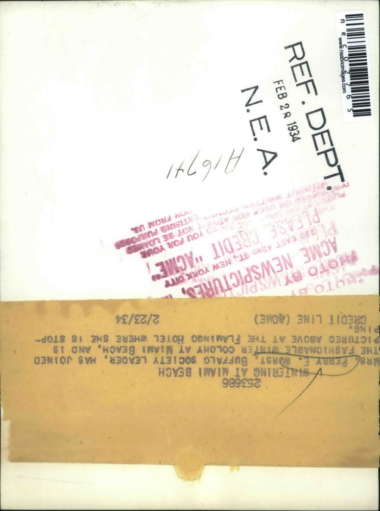 1934 Press Photo Mrs Perry E Worst, Buffalo, NY society leader in Miami, Fla.