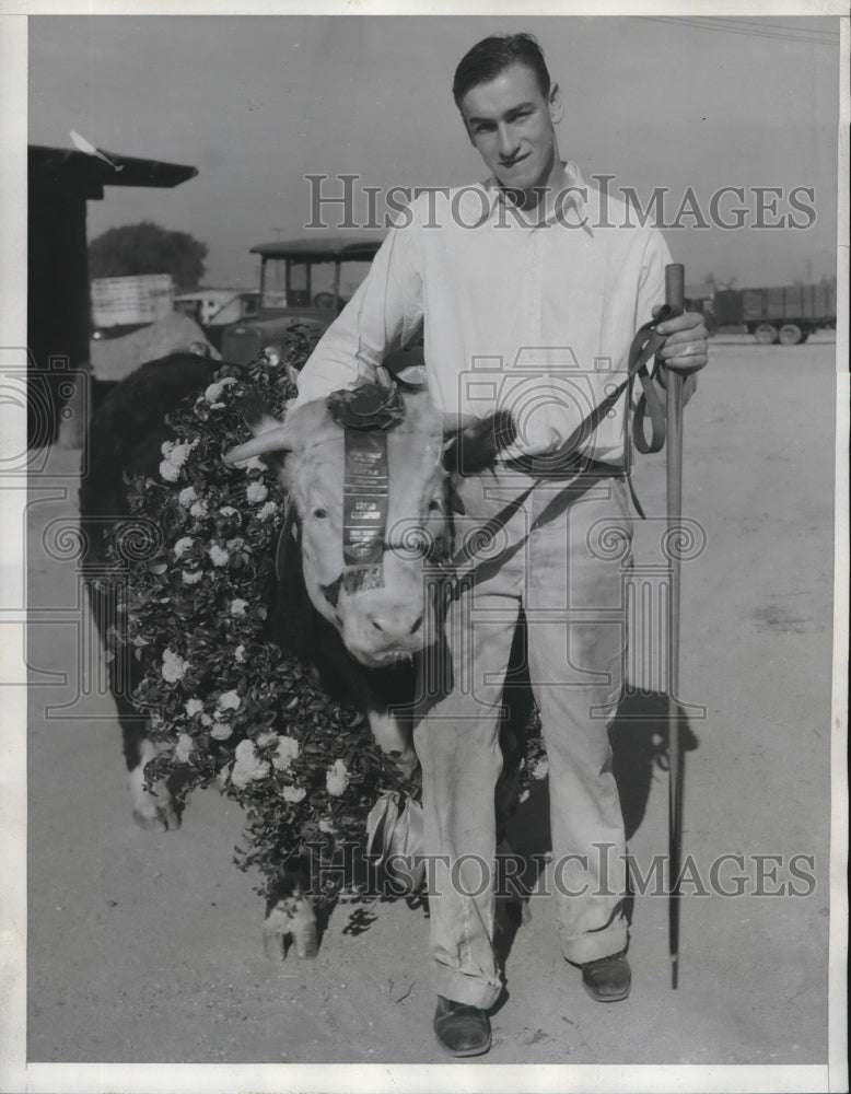 1933 Press Photo Boy and his steer after winning competition at livestock show- Historic Images