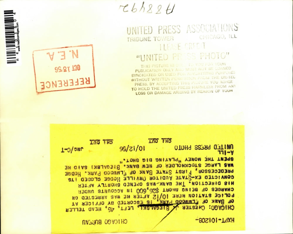 1956 Press Photo Chester Biegalski Bank Of Elmwood Park Arrest