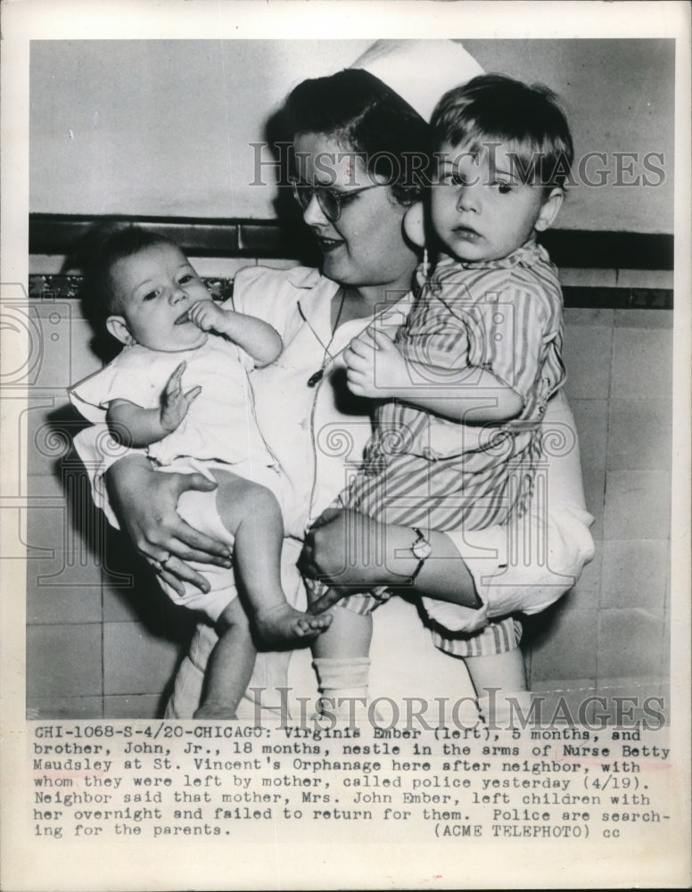 1948 Press Photo Virginia Ember & Brother John Jr with Nurse Betty Maudaley
