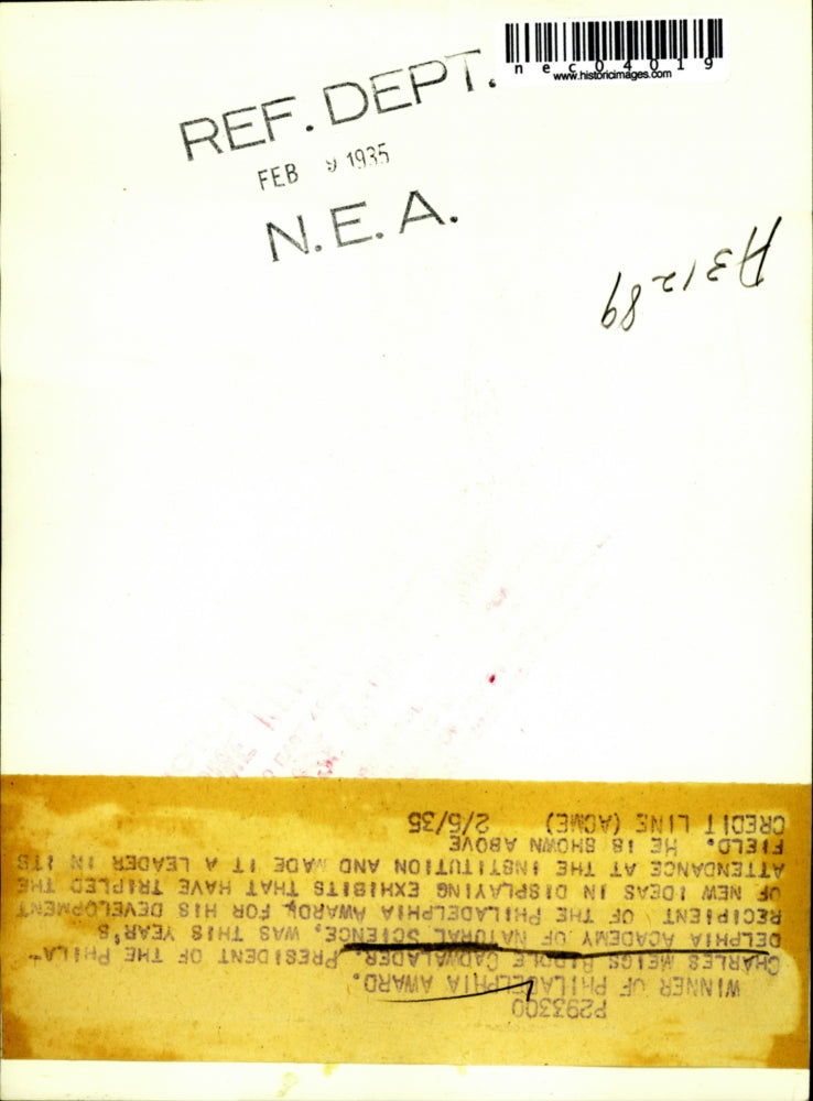 1935 Press Photo Charles Meigs Riddle Cadwalader Philadelphia Natural Sciences