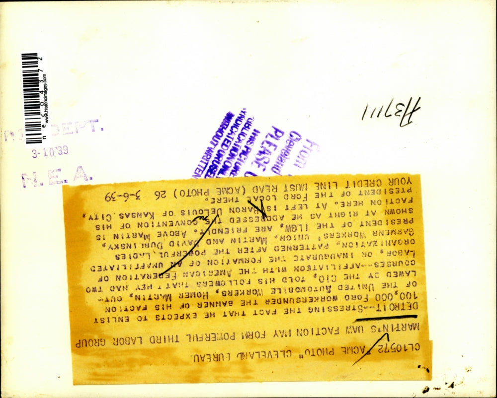 1939 Press Photo Unionist Homer Martin and Ford Local President Baron DeLouis