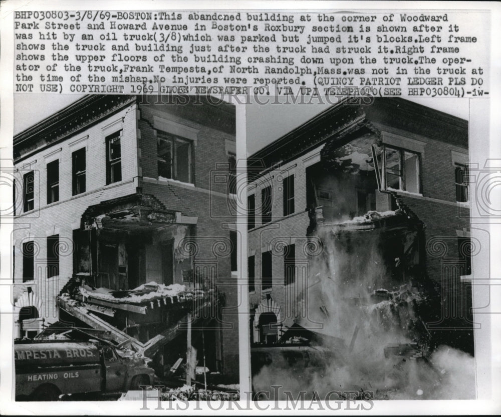 1969 Press Photo Boston, Mass.demolition of  building hit by a truck- Historic Images