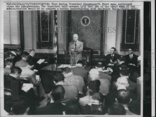 1957 Press Photo President Eisenhower Speaks During First News Conference- Historic Images