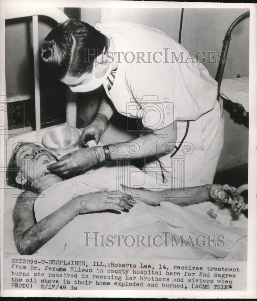 1949 Press Photo Des Plaines, Ill Roberta Lee, burn victim &amp; Dr Jerome Ellwan- Historic Images