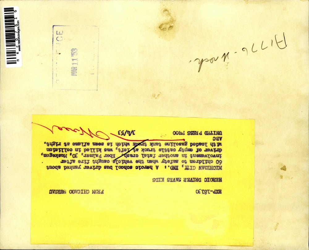 1953 Press Photo Michigan City, Ind Burning gas truck & schoolbus