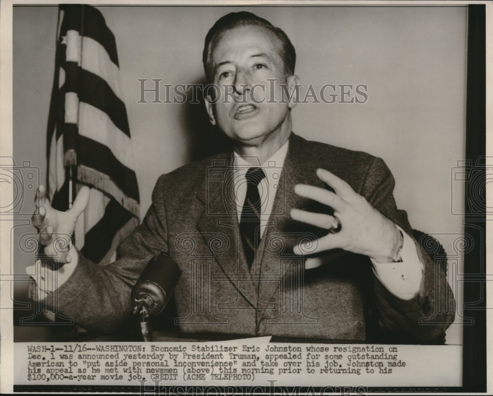 1951 Press Photo Economic Stabilizer Eric Johnson- Historic Images