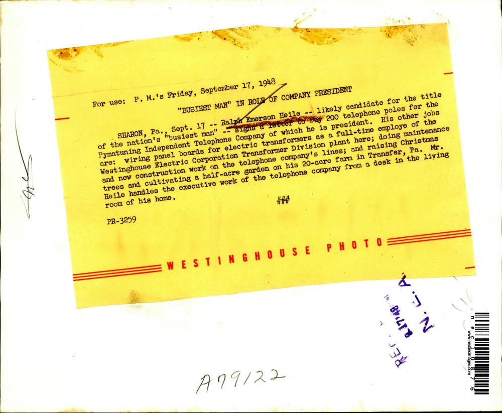 1948 Press Photo Ralph Emerson Heile "Busiest Man" in Role of Company President