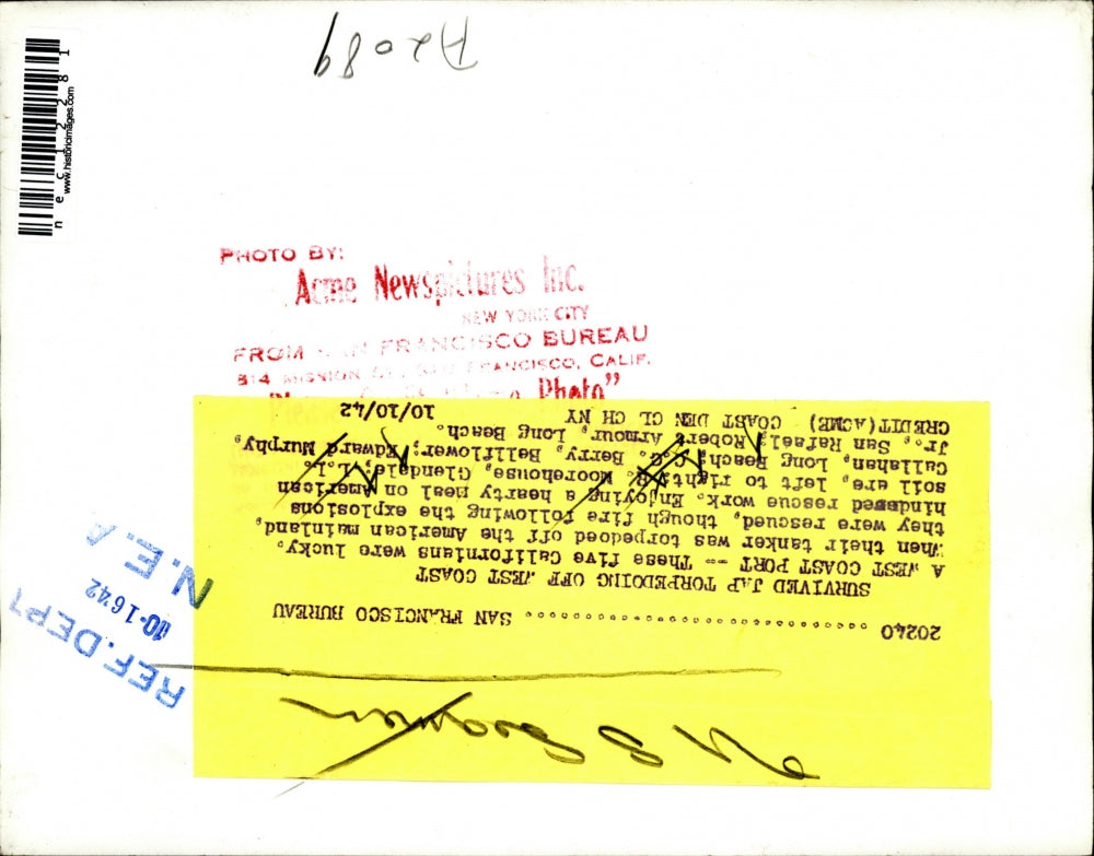 1942 Press Photo Survived Japanese Torpedoing, Moorehouse, Callahan, Berry Murph