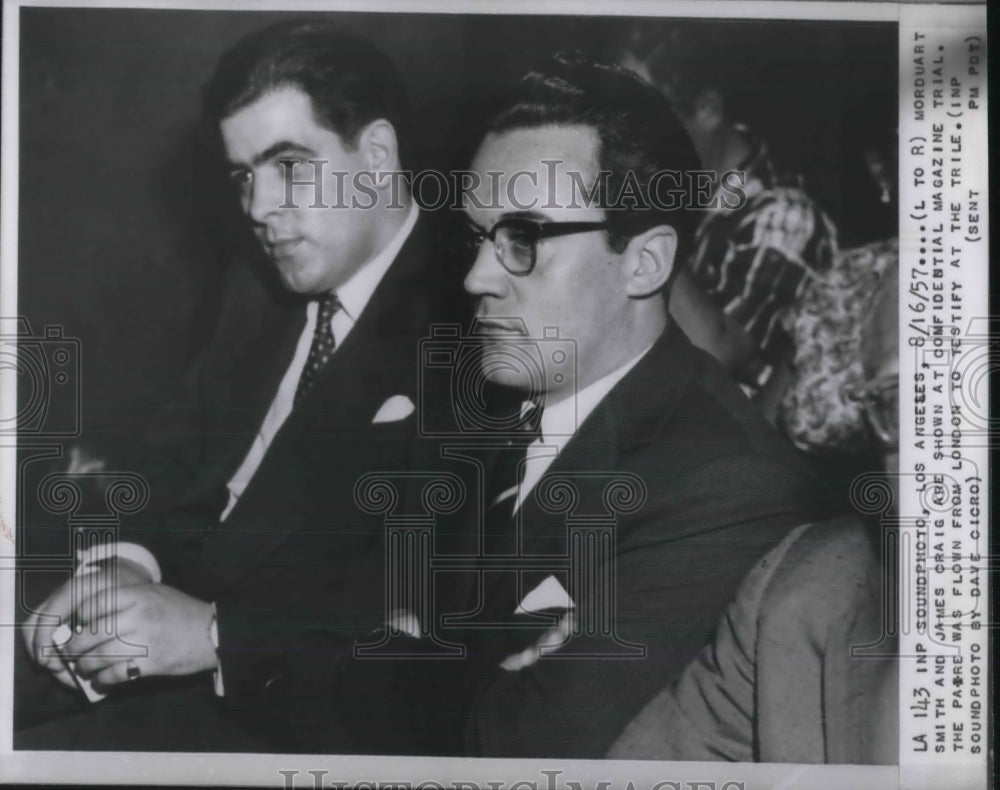 1957 Press Photo Morduart Smith James Craig at the Confidential Magazine Trial- Historic Images