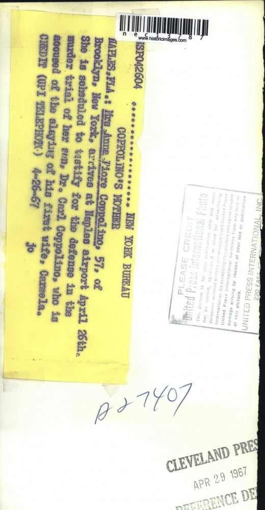 1967 Press Photo Mrs. Anne Coppolino Will Testify for Son Dr. Carl Coppolino