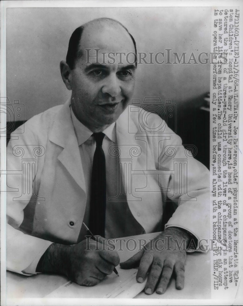 1968 Press Photo Dr Joe Patterson Chief Dr Henrietta Egleston Childrens Hospital- Historic Images