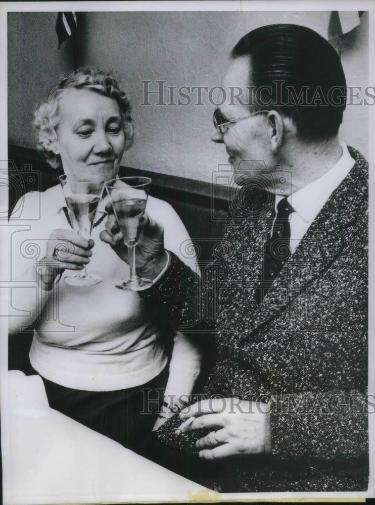 1961 Press Photo Formerly Blind Erik Strand Having Champagne with Wife Aina