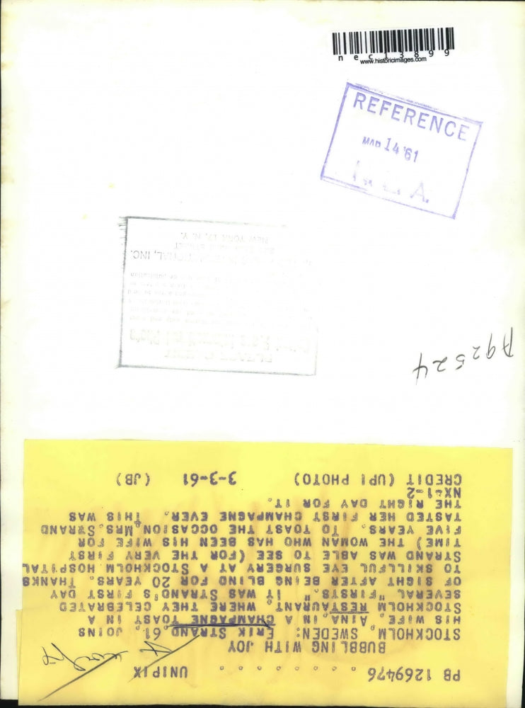 1961 Press Photo Formerly Blind Erik Strand Having Champagne with Wife Aina