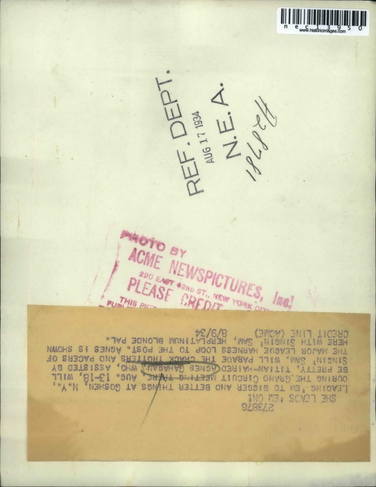 1934 Press Photo Agnes Gahagan and Singin' Sam at Grand Circuit Meeting