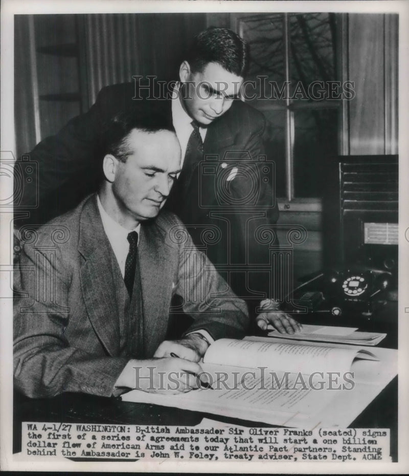 Load image into Gallery viewer, 1950 Press Photo British Ambassador Sir Oliver Franks Signing Agreement
