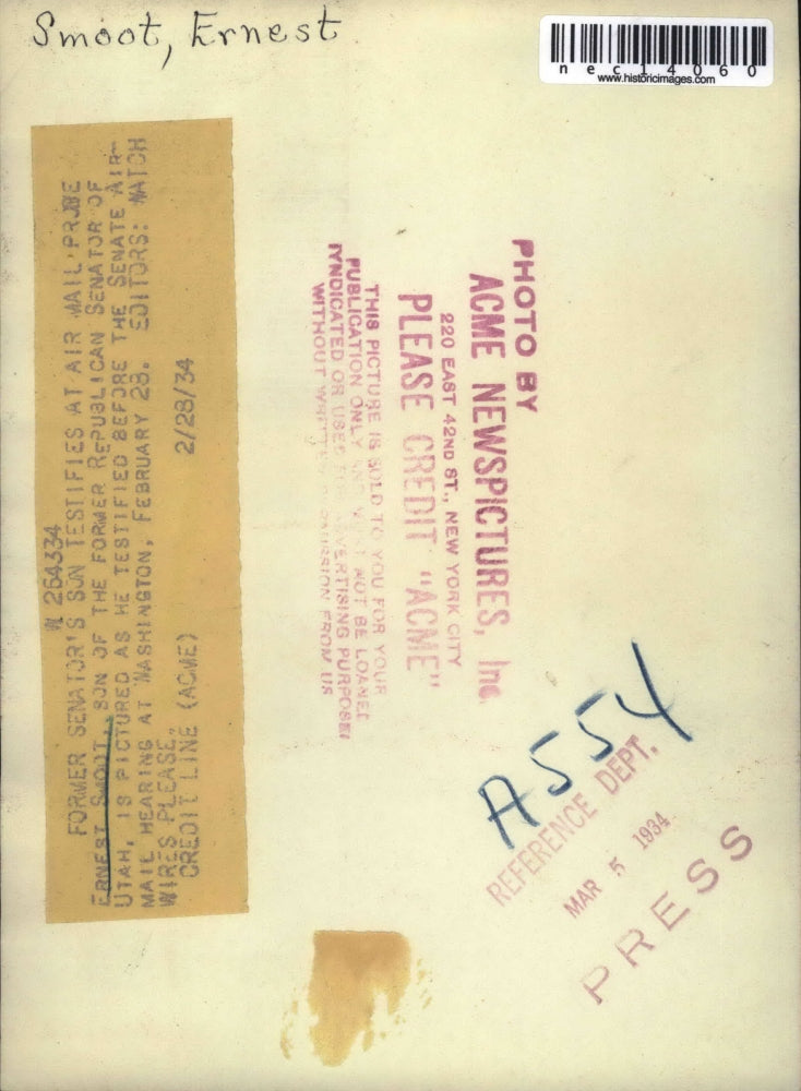 1934 Press Photo Ernest Swoot Senators Son Testifies at Senate Airmail Committee