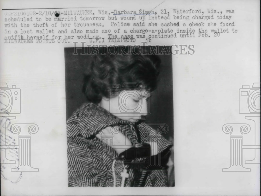 1961 Press Photo Barbara Simon jailed for theft on eve of her wedding