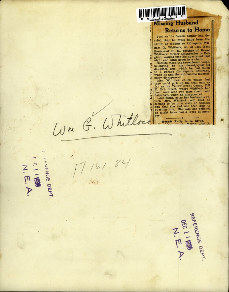 1930 Press Photo Missing Husband Wiliam Whitlock Returns Home