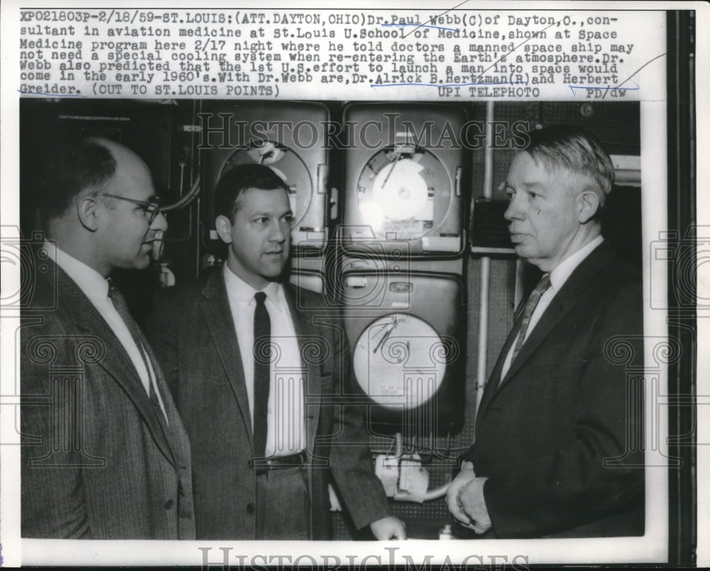 1959 Press Photo Dr. Paul Webb,Dr. Alrick B. Hertzman &amp; Herbert Greider - Historic Images