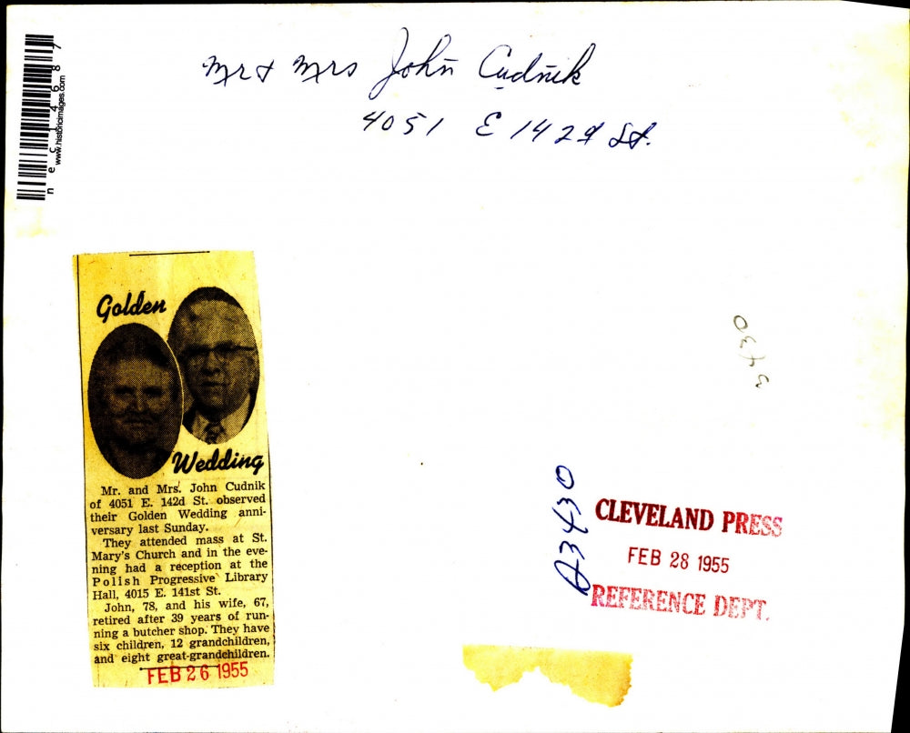 1955 Press Photo Mr. and Mrs. John Cudnick Observe Golden Wedding Anniversary