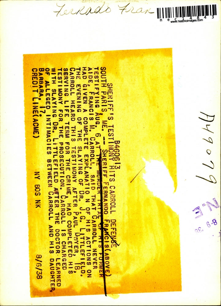 1938 Press Photo Sheriff Fernando Francis