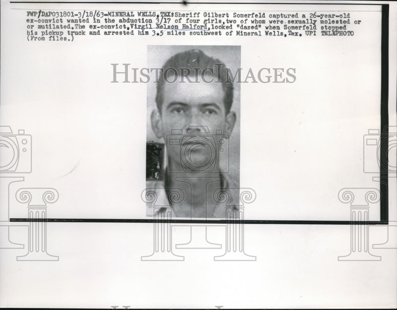 Load image into Gallery viewer, 1963 Press Photo Virgil Nelson Halford Arrested for Abduction of Four Girls
