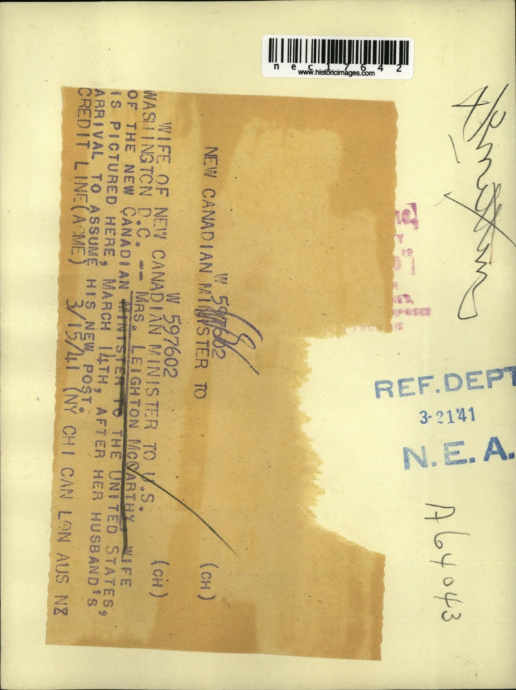 1941 Press Photo Mrs. Leighton McCarthy wife of new Canadian minister to US