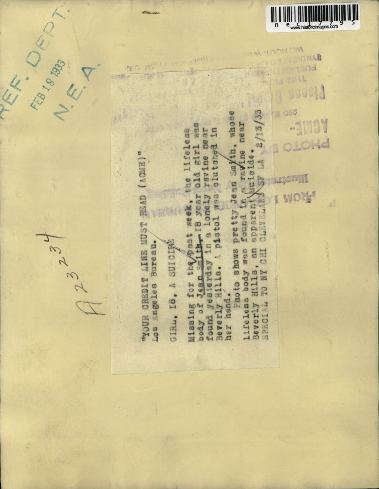 1933 Press Photo 18 Year Old Jean Smith Found In Ravine In Beverly Hills