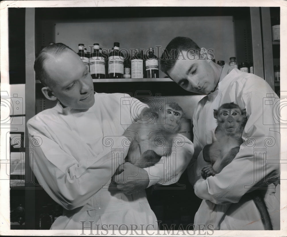 1955 Press Photo 2 Java monkeys held by Maj David Simons &amp; A/3C Jerry Johnson- Historic Images