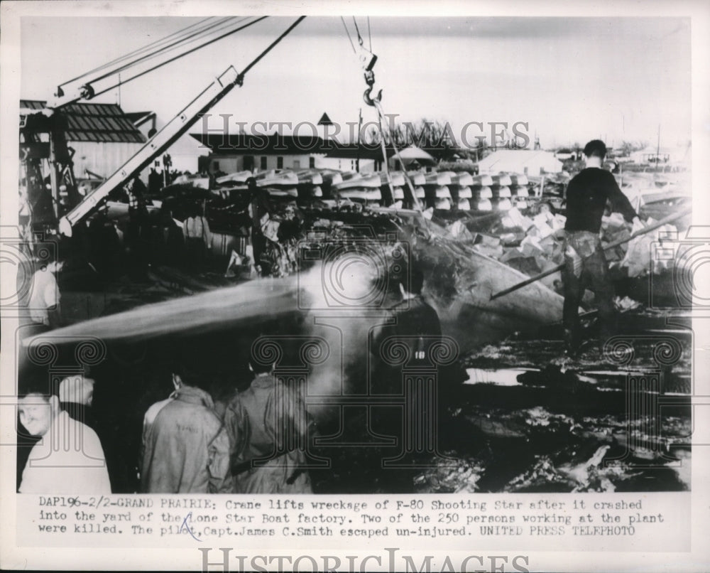 1954 Press Photo Crane Lifts Wreckage Of F-80 Shooting Star Plane Crash