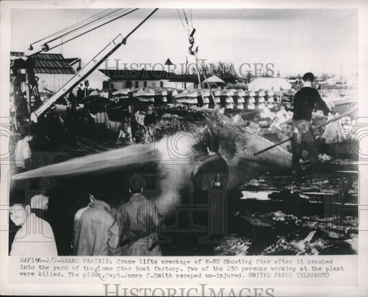 1954 Press Photo Crane Lifts Wreckage Of F-80 Shooting Star Plane Crash