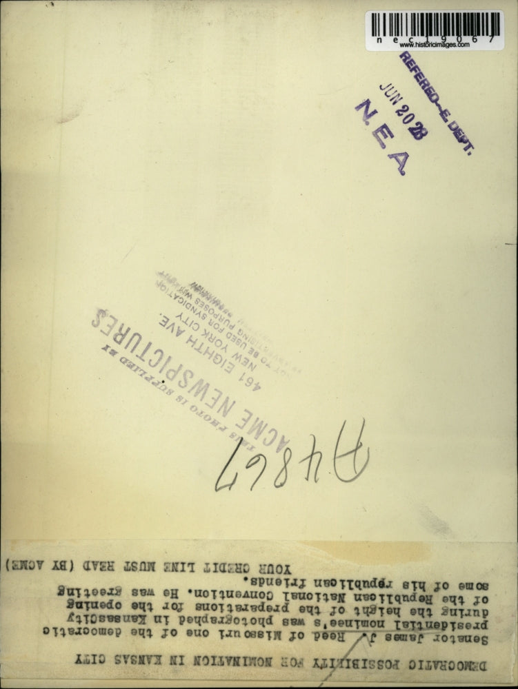 1928 Press Photo Senator James J Reed of Missouri Pres Nominee