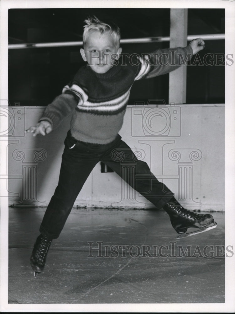 1960 Press Photo Jimmy Demi Little Blonde Boy Leaps On Ice Skates- Historic Images