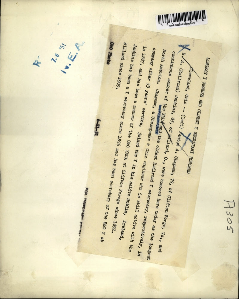 1951 Press Photo Fenton Chapman & RR Jenkins honored by the YMCA