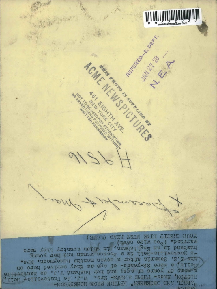 1928 Press Photo Old Widow With Young New Hubby WJ de Fauteville-Bell