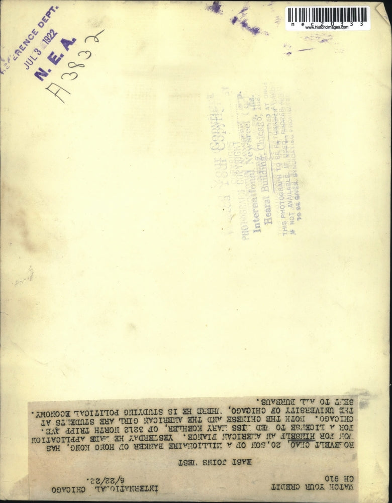 1922 Press Photo Rosevelt Ceao Son Of Hong Kong Millionaire With Yankee Fiancee