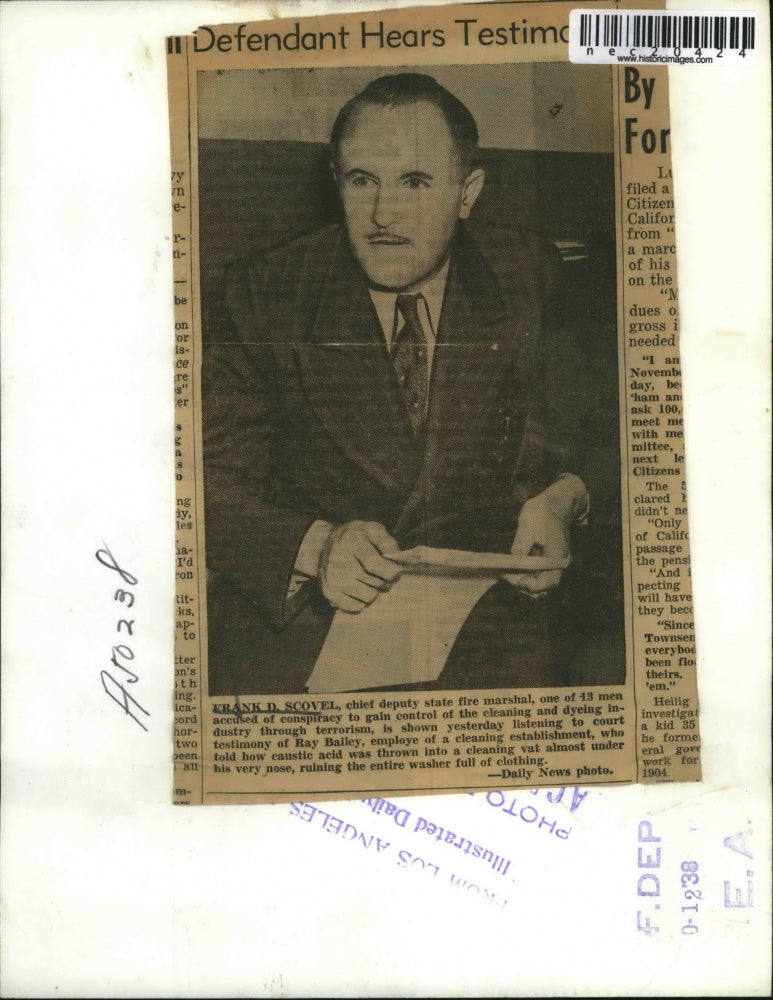 1938 Press Photo Frank Scover, fire marshal accused of conspiracy, at trial