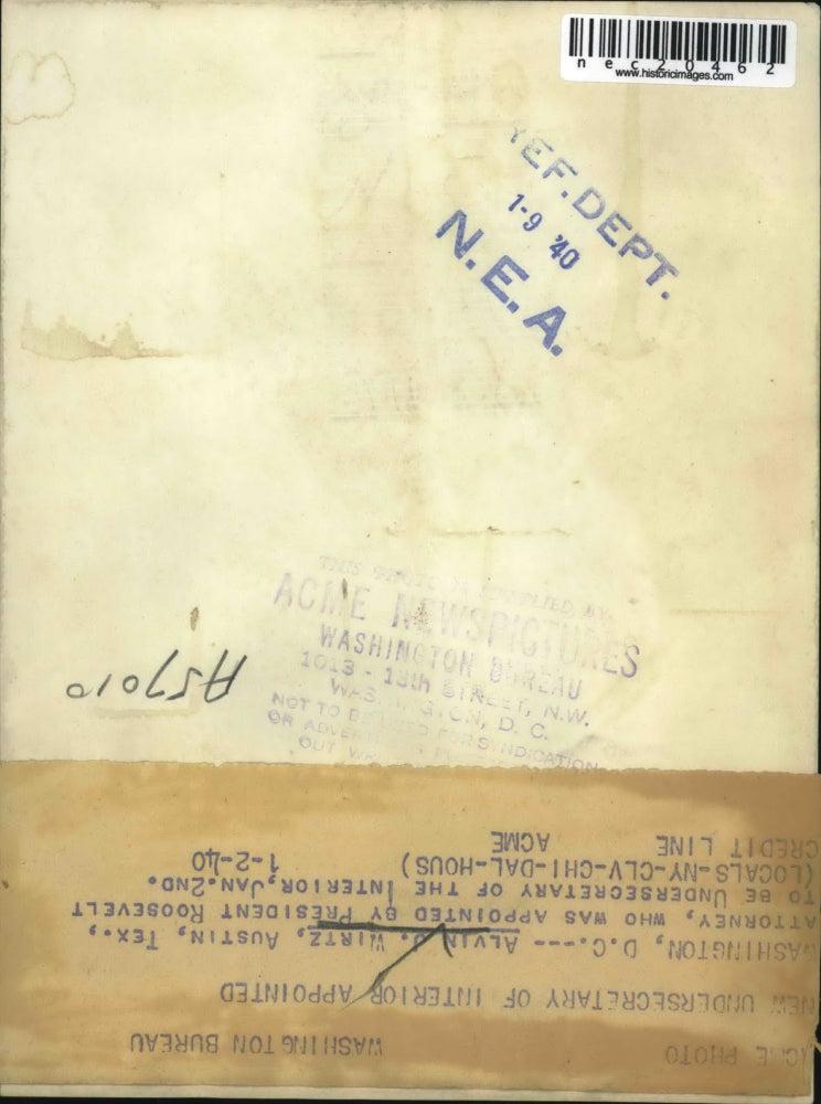 1940 Press Photo Alvin Wirtz appointed by FDR for Undersecretary of Interior